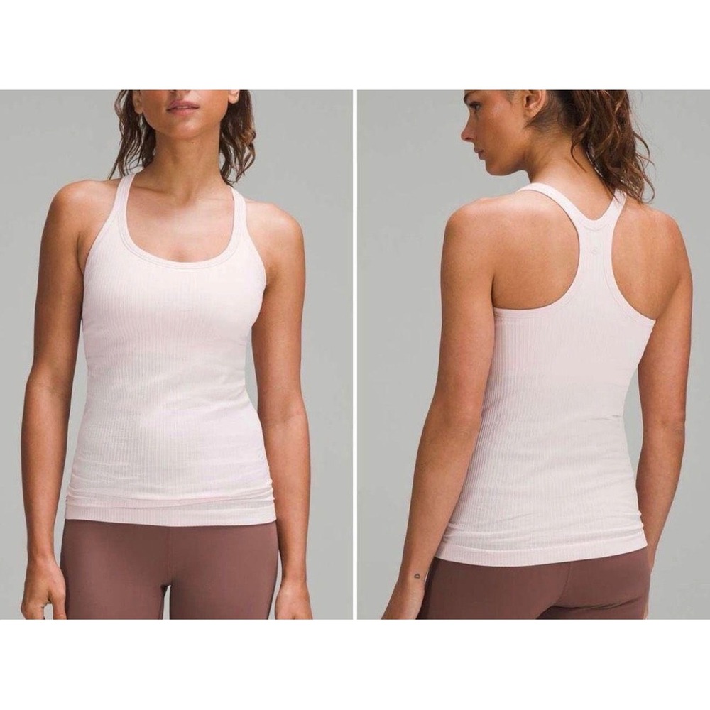 Lululemon Ebb to Street Tank Top Pink Ribbed Racerback Shelf Bra Size 10
